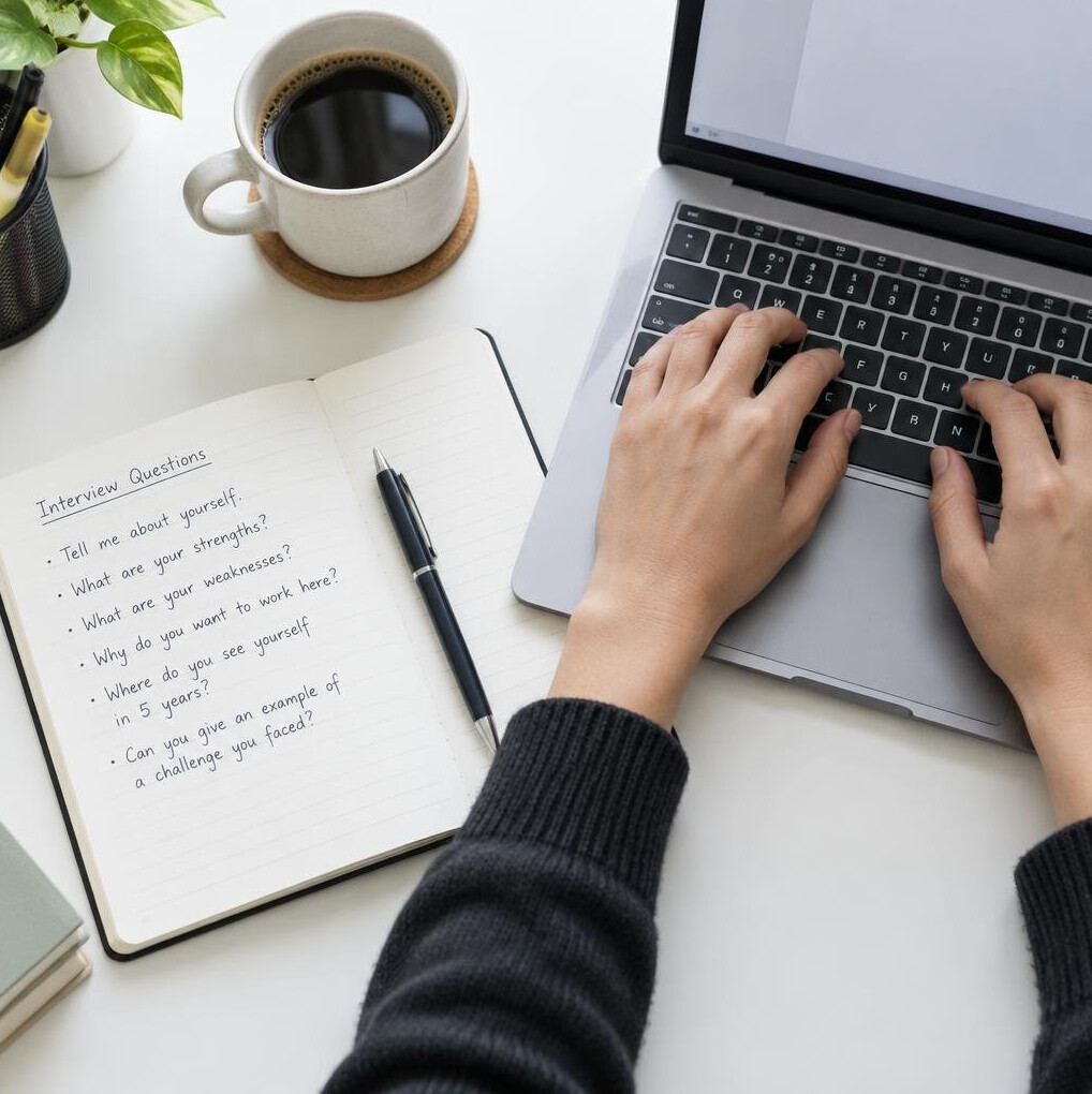 Hands typing notes on a laptop beside an interview notebook