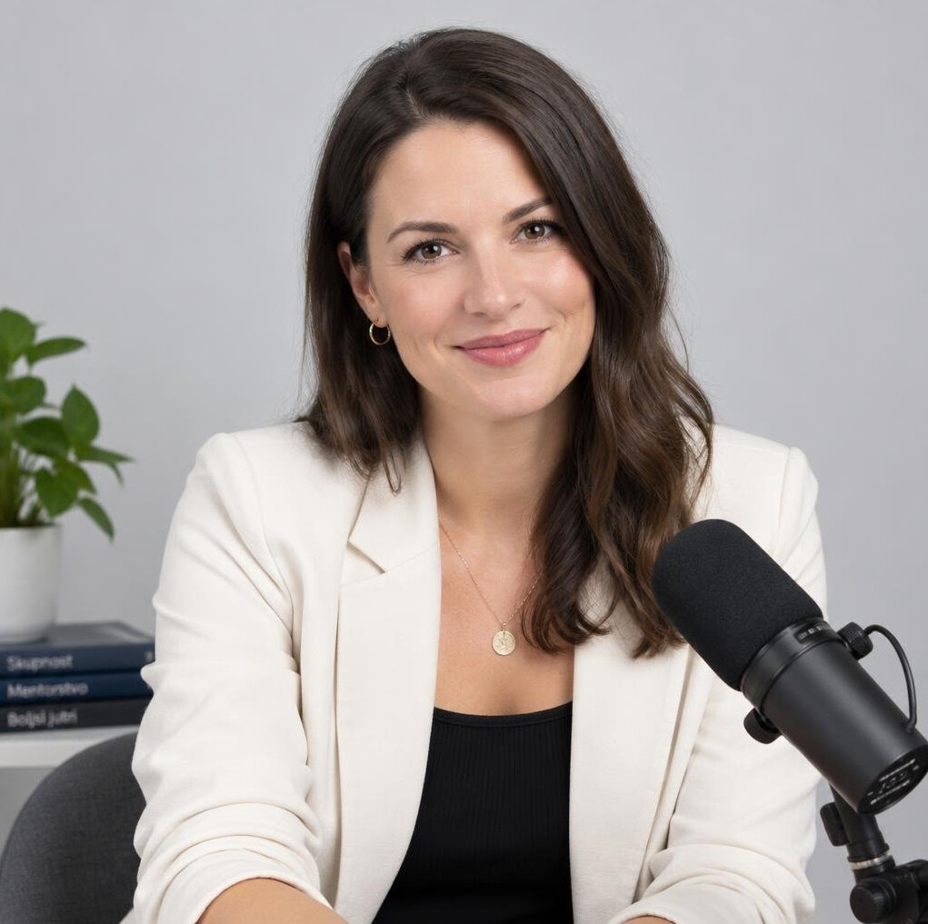 Studio portrait of a Slovenian woman, podcast host