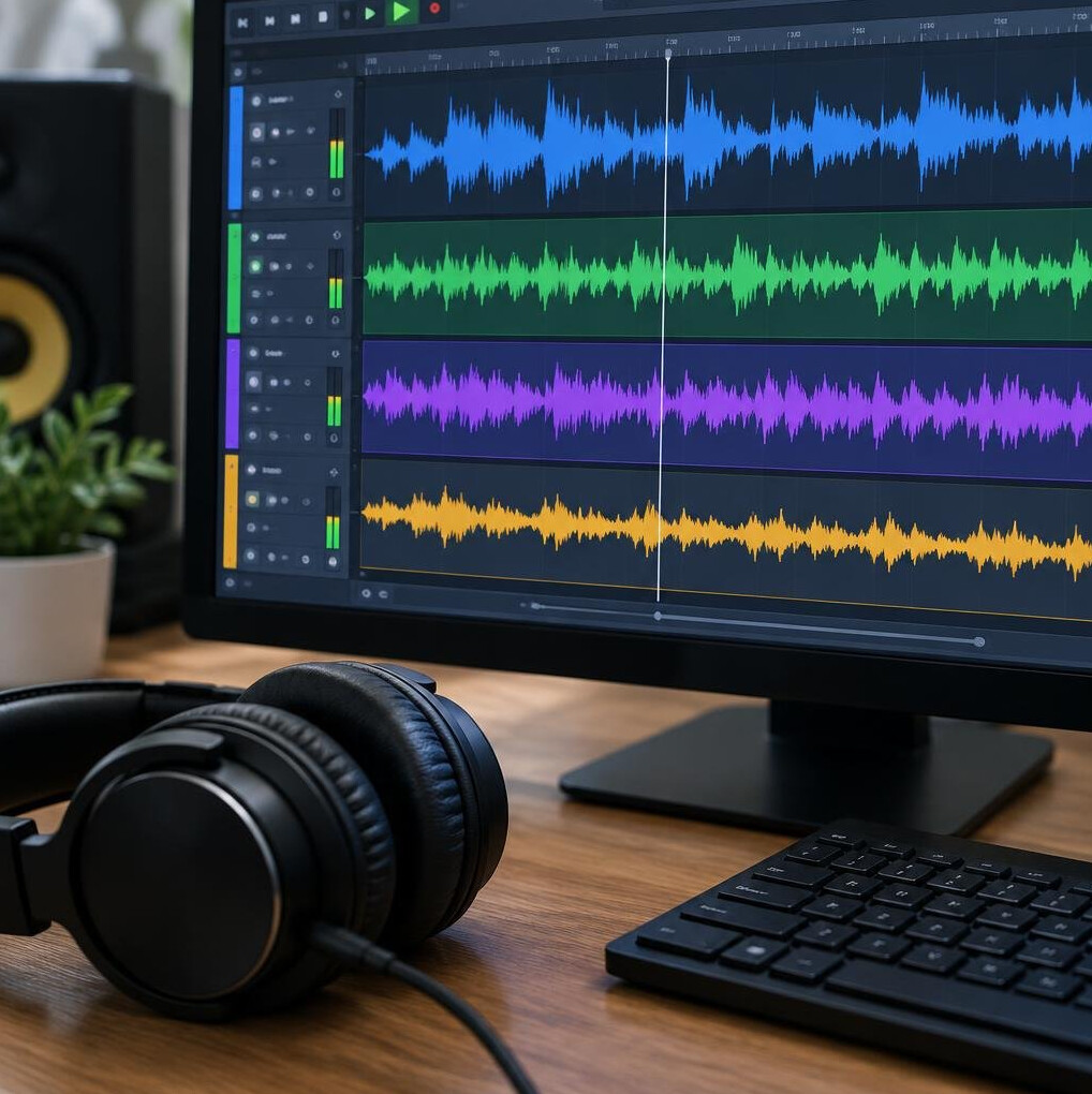 Audio editing software with waveform on a computer screen